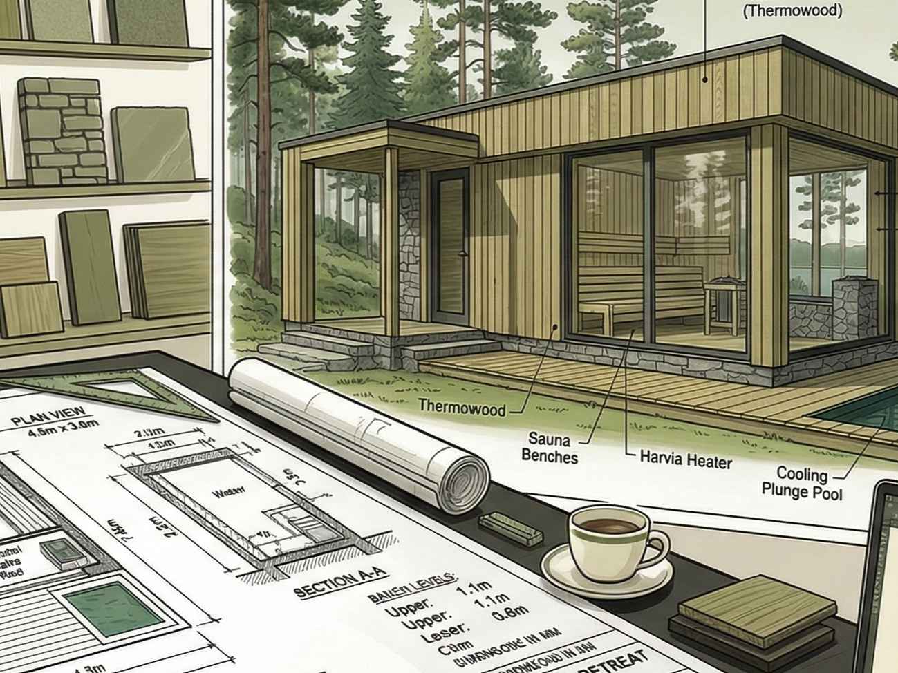 Architectural drawing and 3D render of a bespoke Thermowood sauna installation with a cooling plunge pool and Harvia heater.